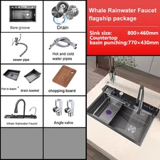 Stainless Steel Kitchen Sink with Waterfall Single Bowl Digital Display Extra La