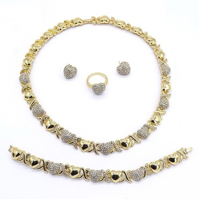 4 Piece Set Necklace Bracelet Ring Earrings Set - Gold Plated 14K