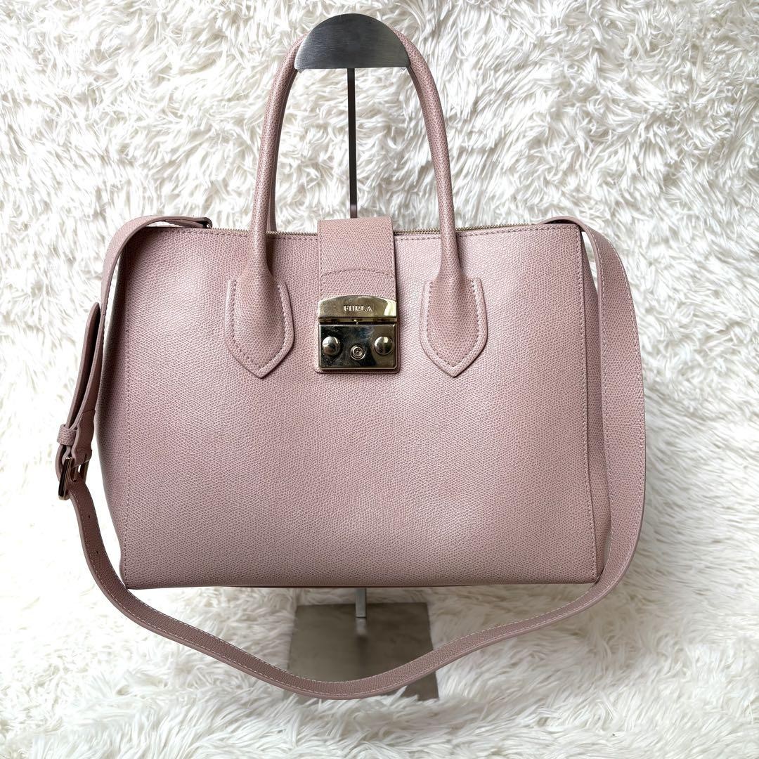 FURLA Metropolis Pink Beige 2-Way Tote Bag with Detachable Strap DDU