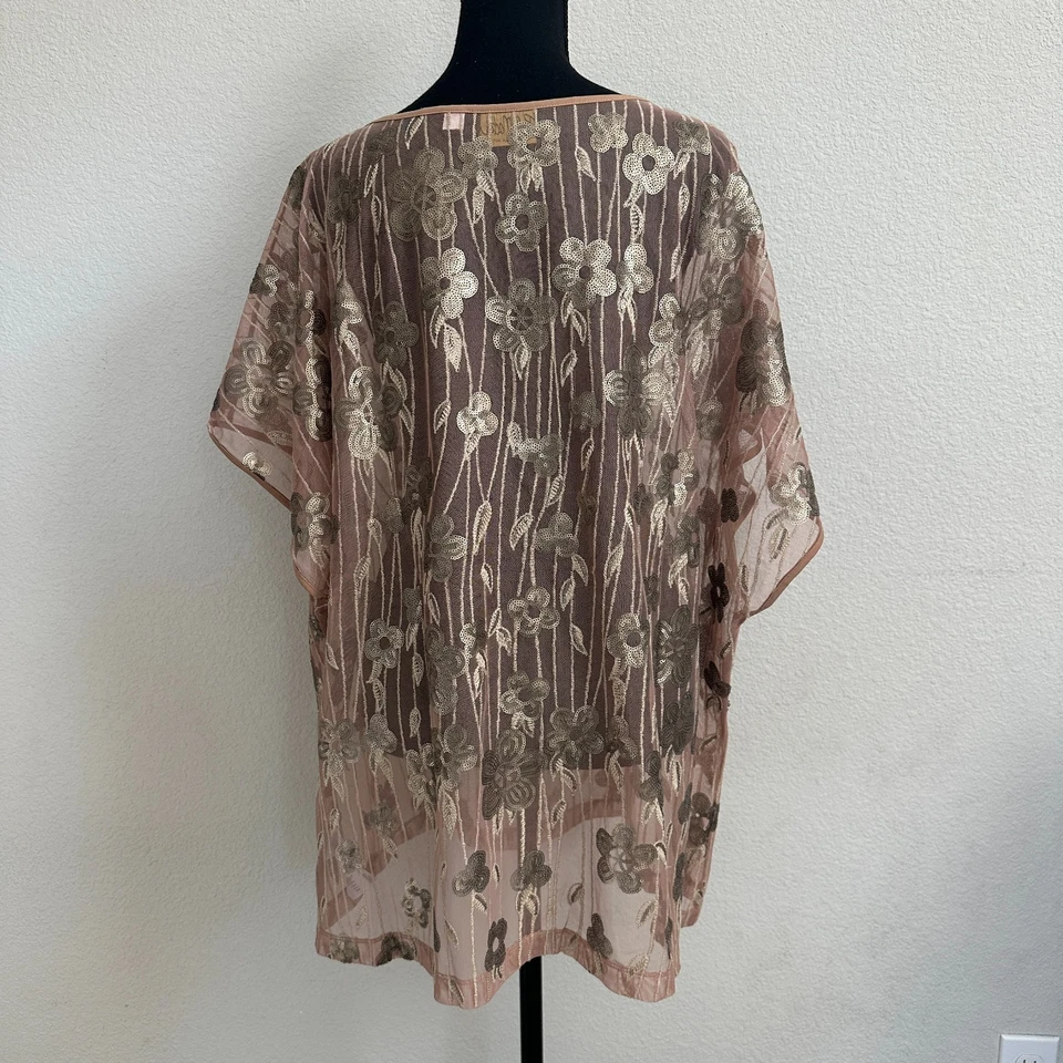 Top túnica Bob Mackie 2X Plus malla lentejuelas elegante glamour beige manga corta transparente Foto 4 de 4