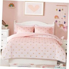 Queen Comforter Set with Sheets for Queen 90"X 90" -7 Pieces Pink/Gold Heart