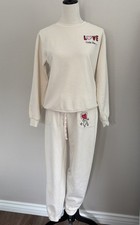 Keith Haring Lounge Set Women Small Ivory Top/Bottom Love Logo Fleece PJs Casual
