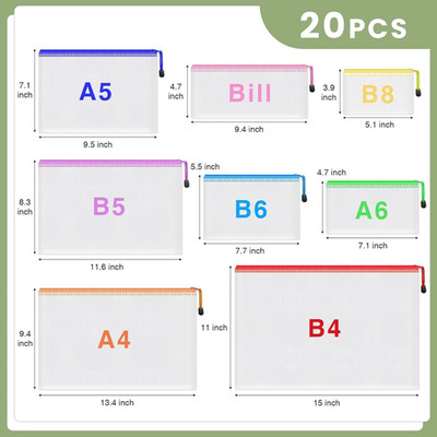20Pcs Mesh Zipper Pouch Bags 8 Sizes Clear PVC Document Travel Storage Bags