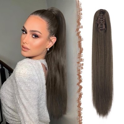 FESHFEN Claw Ponytail Extensions - Long Straight Ponytails for 25 Inch, Brown