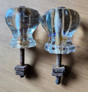 2 Vintage 6 sided Ribbed Small Glass Cabinet Knobs Drawer Pulls
