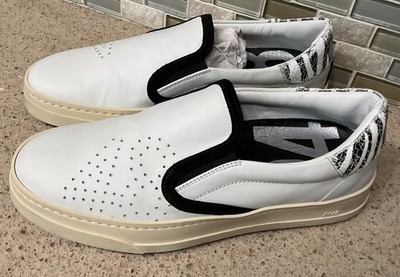 P448 Womens Slip On Sneakers Sz 37 EU 7US White Leather Zebra Cracked Heal