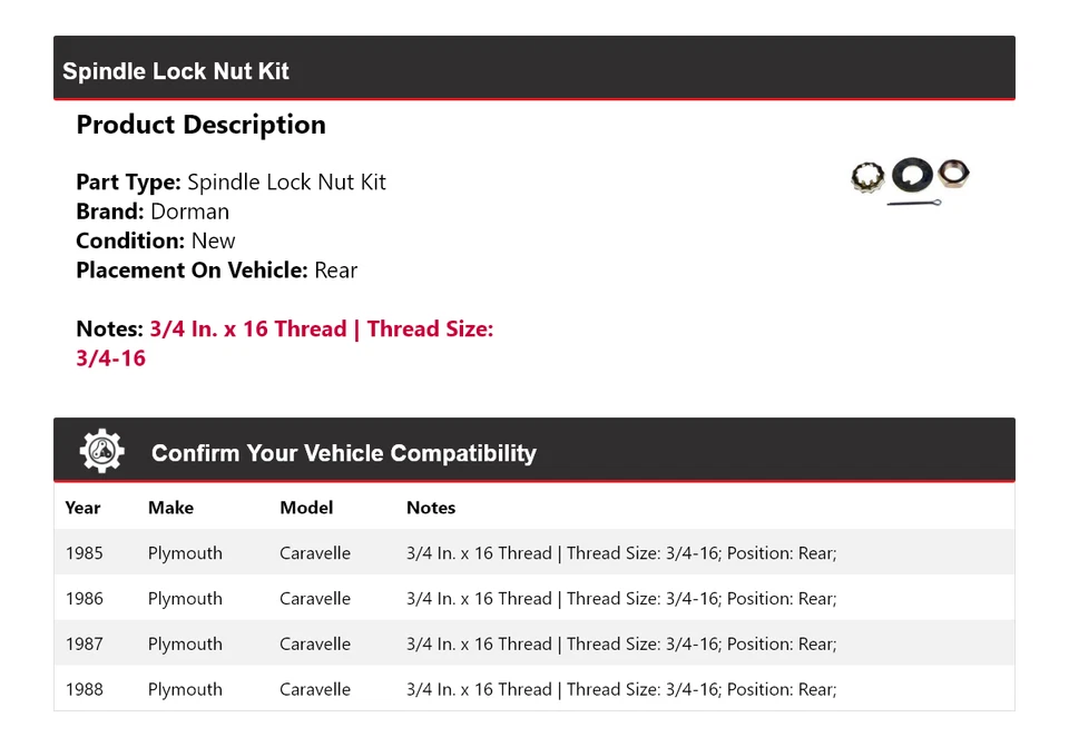 Kit de tuercas de bloqueo de husillo traseras 1986 1987 para Plymouth Caravelle Dorman 1985-1988 Foto 2 de 4
