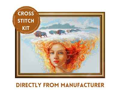Aine Counted Cross Stitch Kit A1003 Mother Nature. Earth. Redhead Girl & Bisons