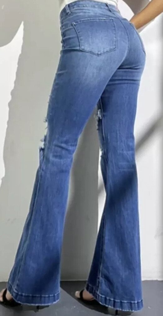 【DEARMINE】Flared embossed denim pants DGHM-JLMY Ladies Side Slit Denim Flared Pants High Rise