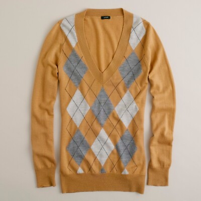 NWT J.Crew Merino Argyle V-neck Sweater Size Medium