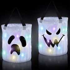 2Pcs Halloween Pumpkin Candy Bags w/LED Light Trick or Treat Candy Sweets Bag