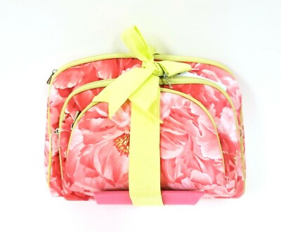NEW GIFT SET OF 3,KIWI GREEN & PINK ROSE FLORAL POUCHES CLUTCH,COSMETIC BAG