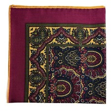 Magenta Yellow Medallion Wool/Silk Pocket Square Hand-Rolled in England
