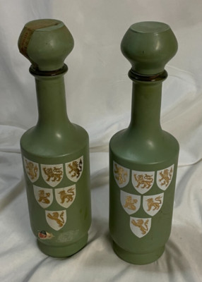 Pair of Green Coated Glass Old Fitzgerald Stitzel Weller Decanters with Stoppers