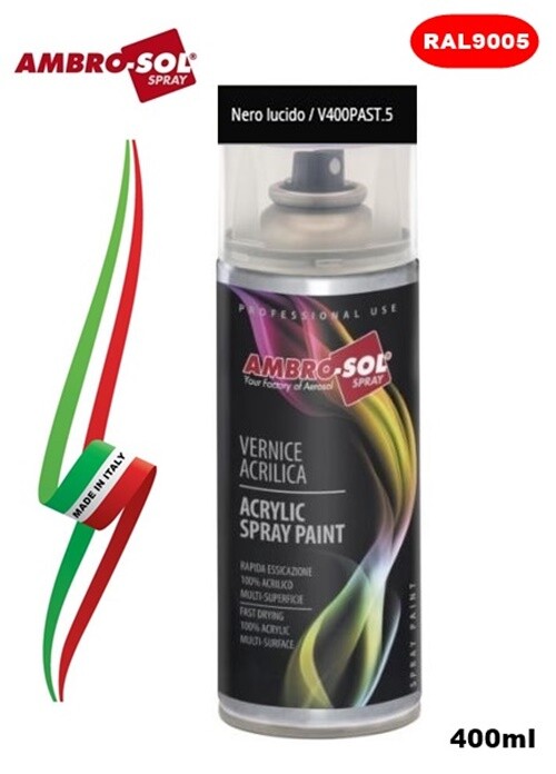BOMBOLETTA SMALTO ACRILICO SPRAY " NERO LUCIDO 9005 " 400 ml "AMBRO-SOL -- ITALY