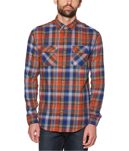 Penguin Mens Plaid Flannel Button Up Shirt, Orange, Small ...