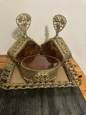 Ormolu Large Cherub Perfume Set With Jewelry Case And Amber Glass Tray 