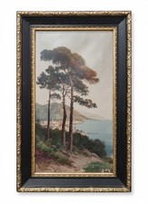 Dipinto Antico Olio su Tela "Veduta Costiera con Pini" - H. Murtas - Primo '900