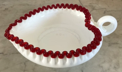Vtg Fenton White Milk Glass w/Ruby Red Crest Heart Relish/Candy Dish - Stamped