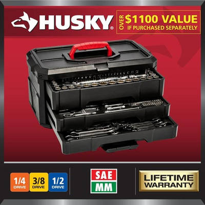#ad Husky 1 4 in. 3 8 in. and 1 2 in. Drive Mechanics Tool Set 300 Piece $159.95
