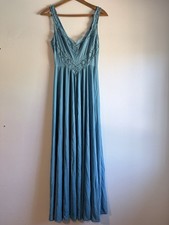 Vintage OLGA BodySilk Blue Teal Full Sweep Nightgown USA Lace 9295 Sz M