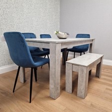 Modern Stone Grey Effect Dining Table Set with Bench and 4 Blue Velvet Chairs