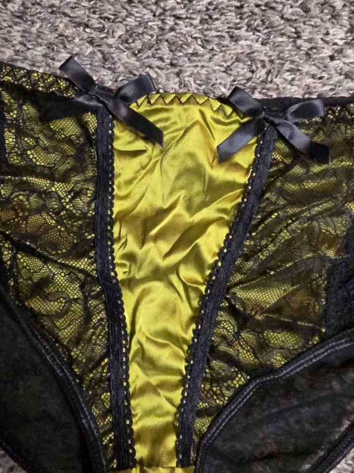 Braguita de satén brillante de encaje oro amarillo transparente bikini talla XL Foto 4 de 4