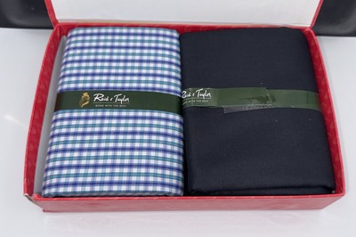 Reid & Taylor Suit Fabric Gift Set 2pc Blue Check & Solid Black/Navy Shirting