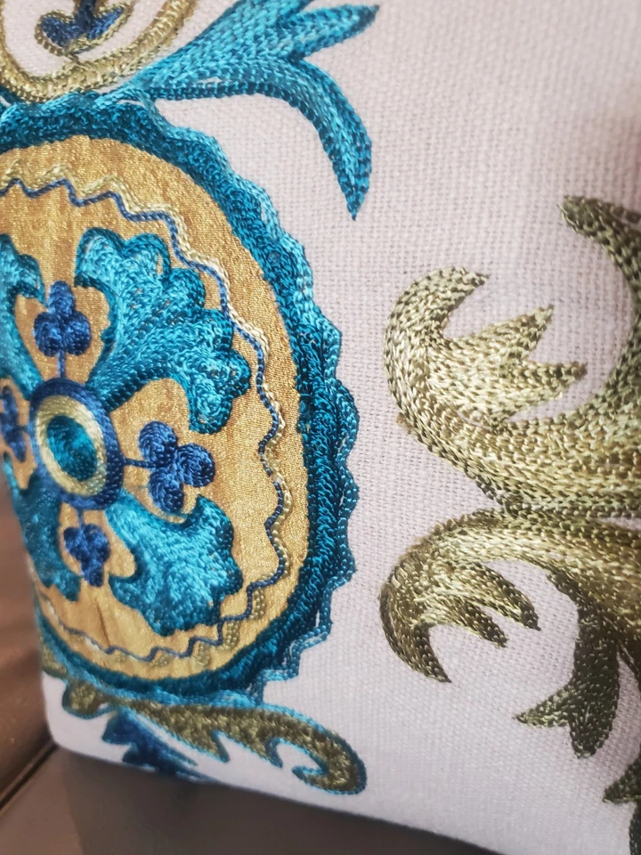 Pier1 Floral Blue Gold Embroidered Cotton Decorative Pillow 18"x 12" Farmhouse - Image 2 of 4