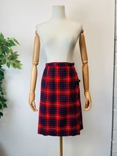 Vintage 80s Red Navy Dark Green Tartan Check Wool Kilt Skirt 8