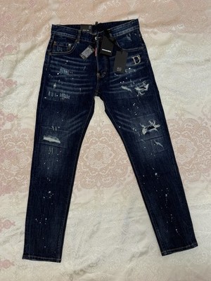 DSQUARED2 Distressed Paint Splatter Skinny Jeans Dark Blue available in size 32