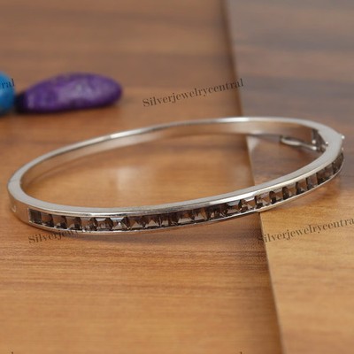 Smoky Quartz Bangle Sterling Silver Square Brown Gemstone Jewelry Gift