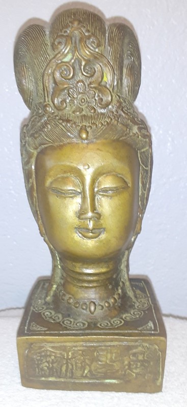 Vintage Bronze Oriental Buddha Statue Head with Symbols or Writings Hand Craved?