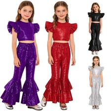 Girls Sparkly Sequin Dance Bling Party Crop Top and Flare Pants Performances Set