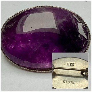 Vintage Jewellery 925 Sterling Silver Mounted Amethyst Brooch Pin