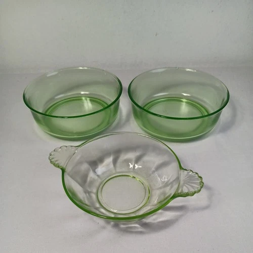 3 Small Vintage Green Uranium Depression Glass Uranium  Bowls