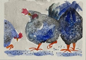 Original  ACEO whimsical Chickens Watercolor Painting OOAK signed miniature art
