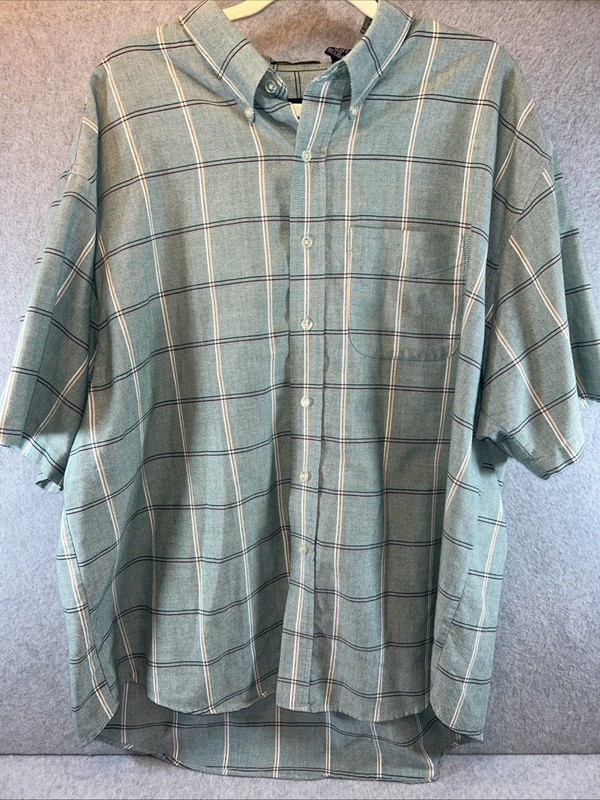 Van Heusen Men XXL 18-18.5 Plaid Button-Up Shirt Short Sleeve Wrinkle Resistant