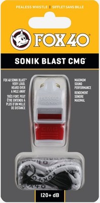 Fox 40 Sonik Blast CMG 3-Chamber Pealess Whistle + Lanyard, White/Red