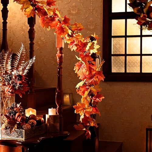 Maple Leaf Garland for Halloween Fall Decor, 9ft Pre-Lit Artificial Orange - Imagen 5 de 7