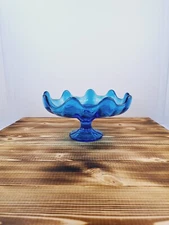 Vintage 7" L.E. Smith Glass Colonial Blue 9 Petal Compote Pedestal Bowl MCM