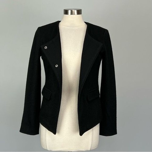 Loft Womens Petite Black Wool Blazer Jacket Asymmetrical Snap Moto size 2P - Picture 8 of 12