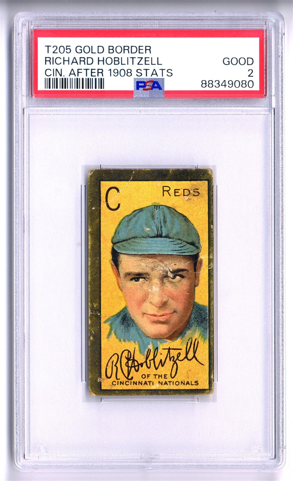 DICK HOBLITZELL 1911 T205 Gold Border Piedmont Cin. After 1908 Stats PSA 2 REDS