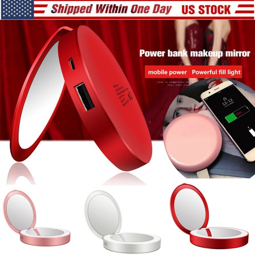 Makeup Cosmetic Folding Compact Power Bank Makeup Pocket Mirror w/LED