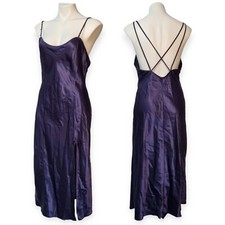 VTG Angelique Satin Lingerie Rhinestone Negligee Nightgown Midi Slit Strappy M