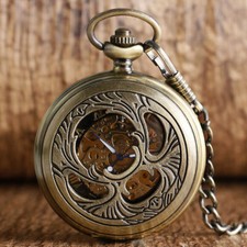 Retro Hand-wind Mechanical Skeleton Roman Numbers Pocket Watch Necklace Chain