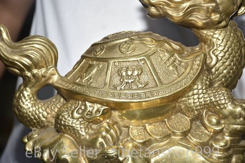10" Old Chinese Brass Fensghui Dragon Tortoise Turtle Yuanbao Wealth Statue - Picture 9 of 9