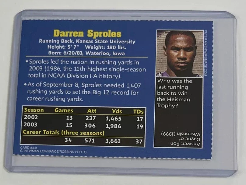 Darren Sproles Si for Kids Rookie Card RC 2003 NFL Football Kansas St 431 Crease - Image 2 of 2