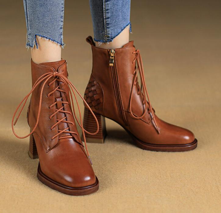 Women Block Heel Lace Up Ankle Boots High-Top Chelsea Boots High