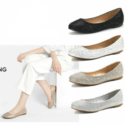 Womens Slip On Ballet Flat Round Toe Rhinestone Comfort Flat